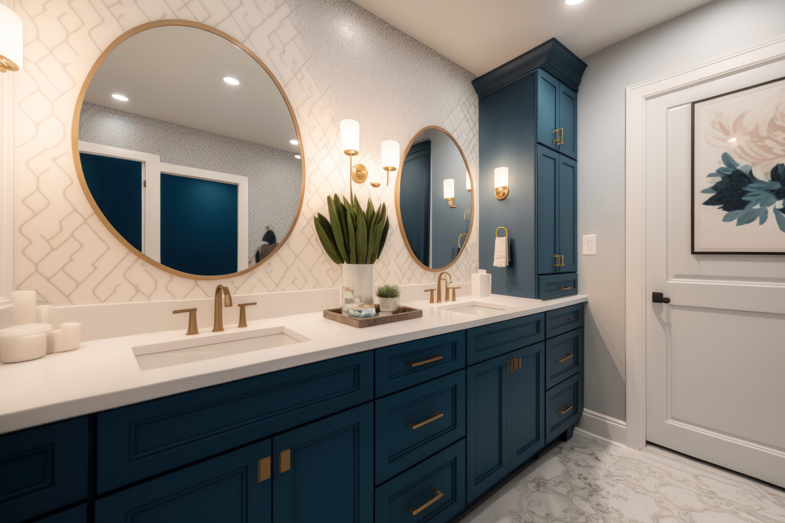 Home beautiful bathroom in brand new luxury home with lots of light, a big vanity, and dark blue cabinets. features two sinks, a bathtub, and circular mirrors. displays a closet. generative ai